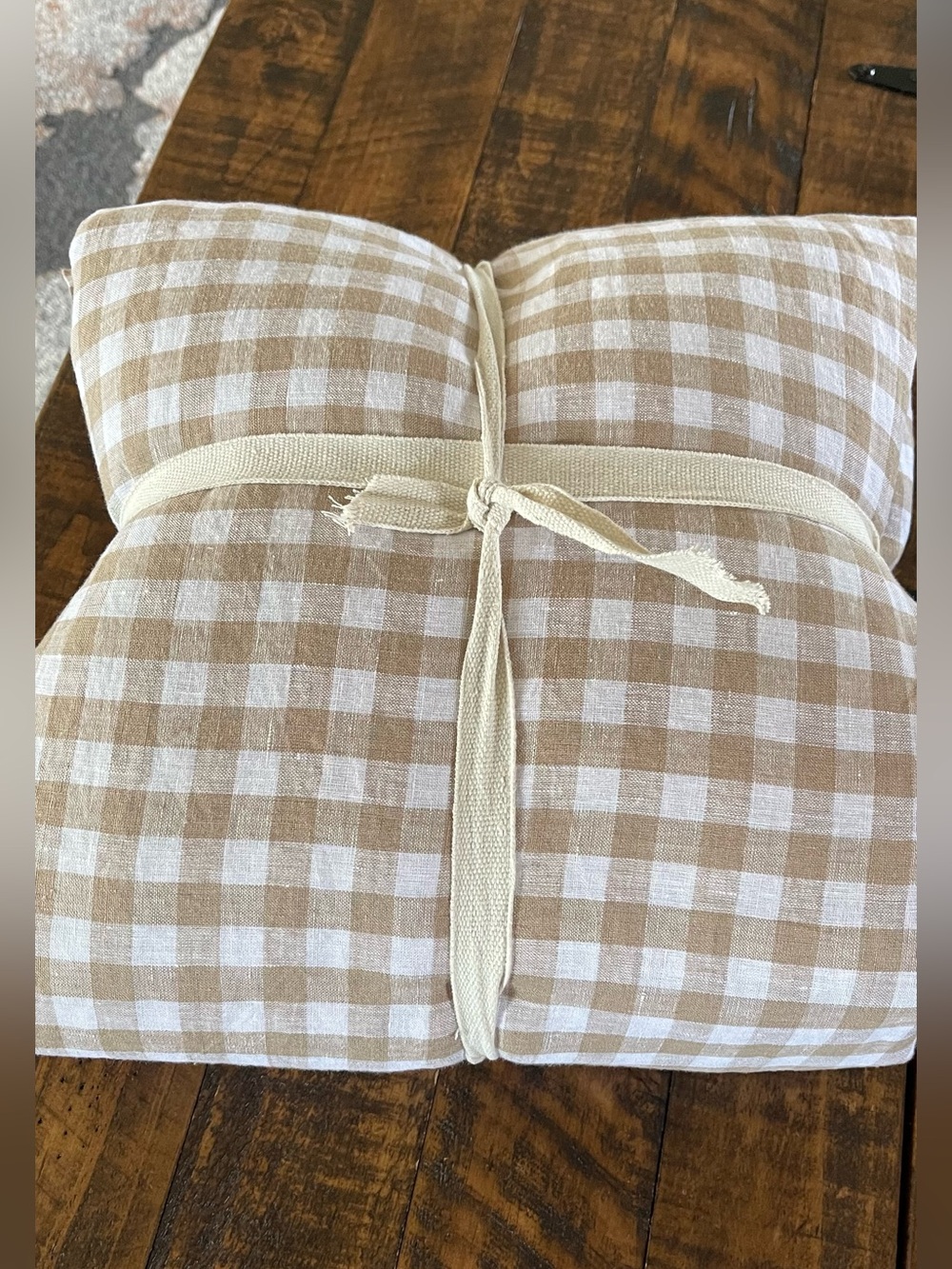 Quince European Linen 3 Piece Gingham Duvet Cover Set, King/Cal (Cafe/White)